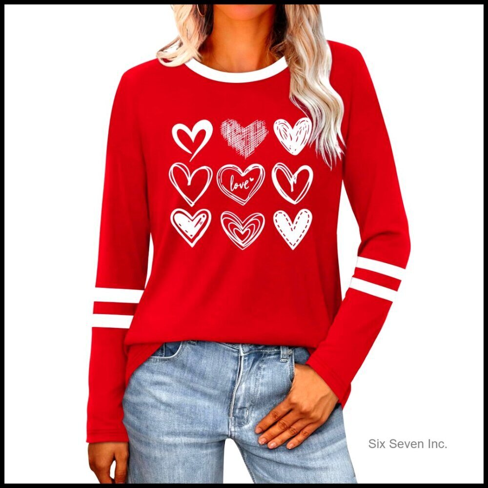 Long Sleeve Graphic Tee Casual T-Shirt Love Heart Design Valentine's Day Gift